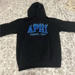 Black Alpha Phi VINTAGE hoodie with “APHI” in blue flames font & “FORMAL 2021”
